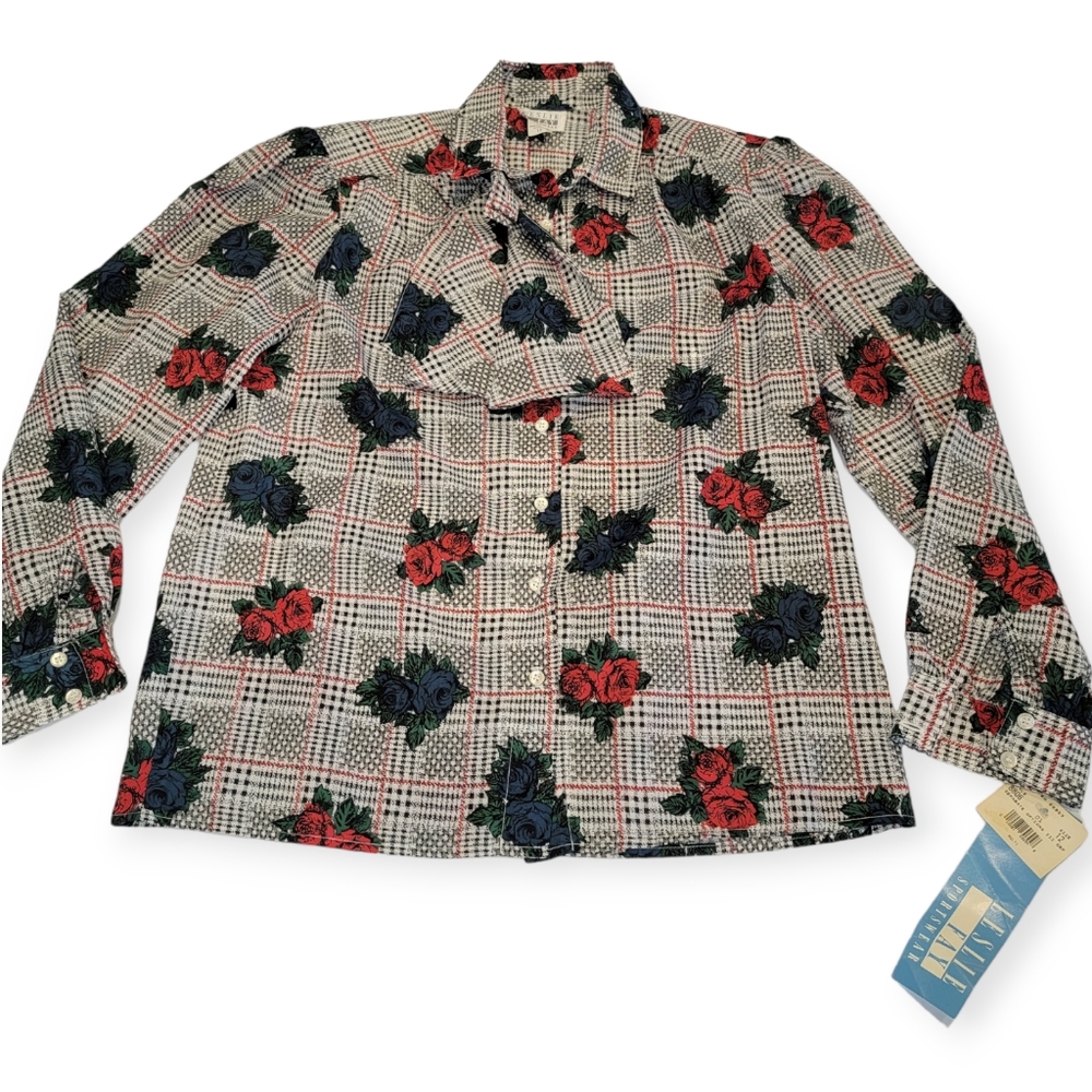 Vintage Leslie Fay Sportswear Floral Gingham Puff Sleeve Tie Button Up Top NWT! - Picture 3 of 16